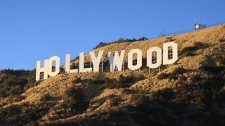 The Hollywood Sign is pictured during a ceremony marking the 100th anniversary of the first time it was lit, in Los Angeles, California, on December 8, 2023.