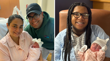 Left: Irmaris and Dibamny Robles, of New Haven, with daughter, Rebecca. Right: Judith Marrero, of Bridgeport, with her baby girl, Phoniex.