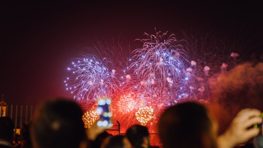 People watching fireworks and celebrating New Year.