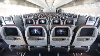 The main cabin of a American Airlines Boeing 777-300ER jet. 