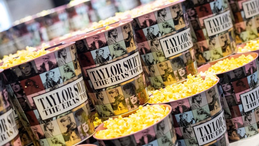 Popcorn buckets are pictured during the “Taylor Swift: The Eras Tour” concert movie world premiere at AMC The Grove in Los Angeles on Oct. 11, 2023.