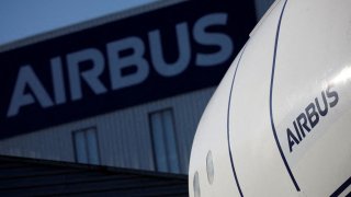 The logo of Airbus is pictured outside the Airbus facility in Saint-Nazaire, France, November 7, 2023.