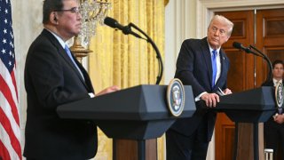 US President Donald Trump (R) and Japanese Prime Minister Shigeru Ishiba hold a joint press conference in the East Room of the White House in Washington, DC, on February 7, 2025.