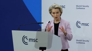 European Commission President Ursula von der Leyen speaks during the 61st Munich Security Conference on February 14, 2025 in Munich, Germany. International defence and security leaders from around the world are gathering for the February 14-16 conference.