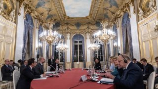 European officials attend extended Weimar talks on Ukraine at the Ministry for Europe and Foreign Affairs (Quai d’Orsay) in Paris on Feb. 12, 2025.