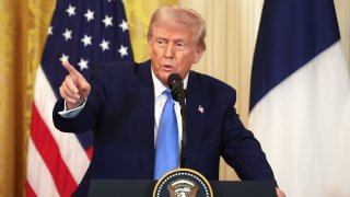 U.S. President Donald Trump delivers remarks during a joint press conference with French President Emmanuel Macron in the East Room at the White House on Feb. 24, 2025 in Washington, DC.