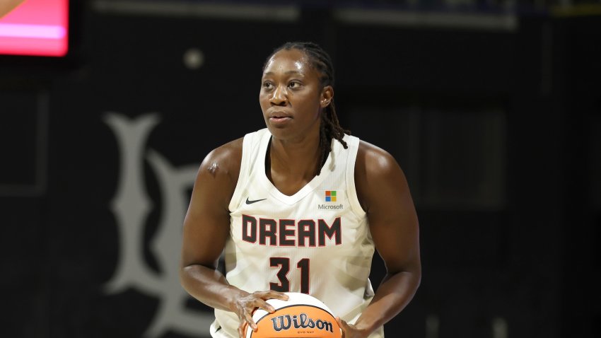 Atlanta Dream center Tina Charles plays against the Los Angeles Sparks during a WNBA basketball game, May 15, 2024, in Long Beach, CA.