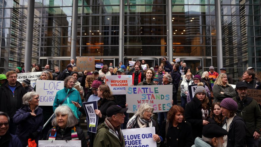 Protestors advocating against Trump's effort to halt the nation's refugee admissions system