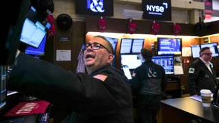 Traders work on the floor of the New York Stock Exchange (NYSE) on March 07, 2025 in New York City. 