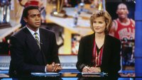 Ahmad Rashad and Willow Bay look on during an Inside Stuff Episode taping circa 1993 in Secaucus, New Jersey.