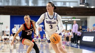 Kansas State’s Jaelyn Glenn (3) drives past Fairfield’s Emina Selimovic (23) in the first round of the NCAA college basketball tournament in Lexington, Ky., Friday, March 21, 2025.