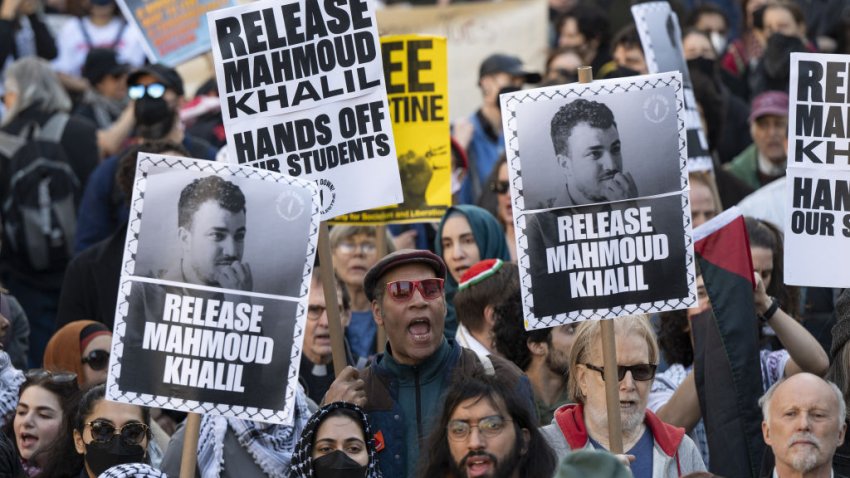 NEW YORK, UNITED STATES – MARCH 10: Protestors rally outside the Jacob K. Javits Federal Building to demand the release of Palestinian activist Mahmoud Khalil (not seen) in New York, United States on March 10, 2025. (Photo by Mostafa Bassim/Anadolu via Getty Images)