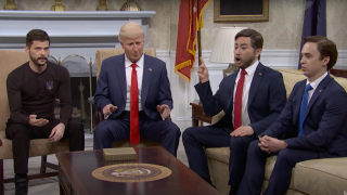 Cast members Mikey Day as Zelenskyy, James Austin Johnson as Trump, Bowen Yang as Vance and Marcello Hernandez as Secretary of State Marco Rubio.