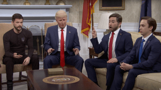 Cast members Mikey Day as Zelenskyy, James Austin Johnson as Trump, Bowen Yang as Vance and Marcello Hernandez as Secretary of State Marco Rubio.