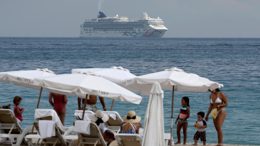 The Norwegian Pearl cruise ship anchored off shore on January 07, 2022 in Miami Beach, Florida.