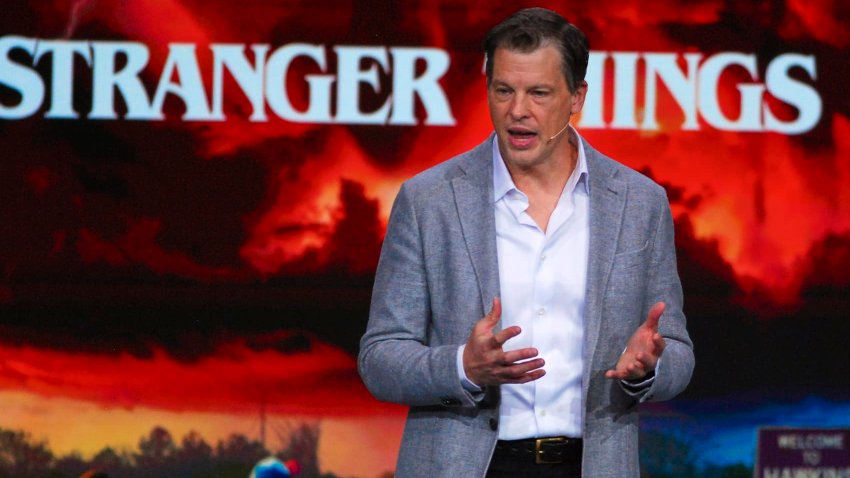 Greg Peters, Co-CEO of Netflix, speaks at a keynote on the future of entertainment at Mobile World Congress 2023.