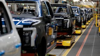 Ford Motor Company’s electric F-150 Lightning on the production line at its Rouge Electric Vehicle Center in Dearborn, Michigan, on Sept. 8, 2022.