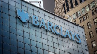 16 September 2023, USA, New York: The Barclays Bank logo, taken in Manhattan.