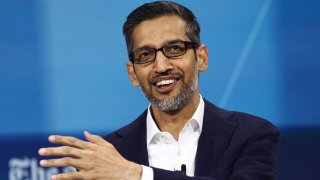 Sundar Pichai, C.E.O. of Google and Alphabet, speaks during the New York Times annual DealBook summit at Jazz at Lincoln Center on December 04, 2024 in New York City.