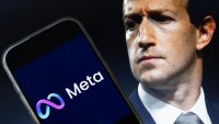 This photo illustration created on Jan. 7, 2025, in Washington, D.C., shows an image of Mark Zuckerberg, CEO of Meta, and an image of the Meta logo.