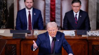 President Donald J Trump addresses a joint session of Congress as Vice President JD Vance and Speaker of the House Mike Johnson (R-LA) listen in the Capitol building’s House chamber on Tuesday, March 04, 2025 in Washington, DC. 