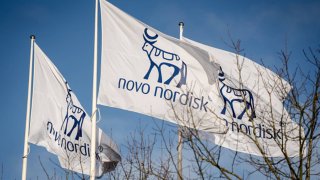 Flags with the logos of Danish drugmaker Novo Nordisk, maker of the blockbuster diabetes and weight-loss treatments Ozempic and Wegovy are pictures while the company presents the annual report at Novo Nordisk in Bagsvaerd, Denmark, on February 5, 2025.
