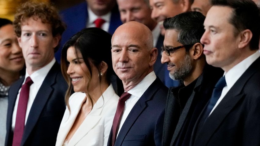 Mark Zuckerberg, CEO of Meta Platforms Inc.; from left, Lauren Sanchez; Jeff Bezos, founder of Amazon.com Inc.; Sundar Pichai, CEO of Alphabet Inc.; and Elon Musk, CEO of Tesla Inc., during the 60th presidential inauguration in the rotunda of the U.S. Capitol in Washington, D.C., on Jan. 20, 2025.
