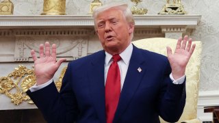 U.S. President Donald Trump gestures during a meeting with Israeli Prime Minister Benjamin Netanyahu (not pictured) in the Oval Office at the White House in Washington, U.S., April 7, 2025. 