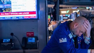 Traders work on the floor of the New York Stock Exchange on April 10, 2025 in New York City. 