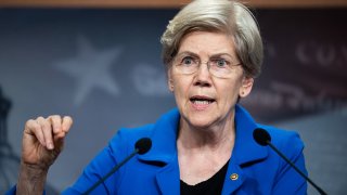 Sen. Elizabeth Warren, D-Mass., conducts a news conference in the U.S. Capitol to voice opposition to the Senate Republicans’ budget resolution on April 3, 2025.