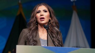 US Secretary of Homeland Security Kristi Noem speaks at the Border Security Expo at the Phoenix Convention Center in Phoenix, Arizona, April 8, 2025.