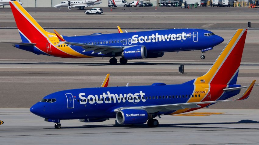 LAS VEGAS, NEVADA – MARCH 15: A Southwest Airlines Boeing 737 airplane departs from Harry Reid International Airport as another airplane taxis on March 15, 2025 in Las Vegas, Nevada. (Photo by Kevin Carter/Getty Images)