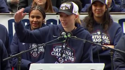 Paige Bueckers speaks at the UConn championship rally