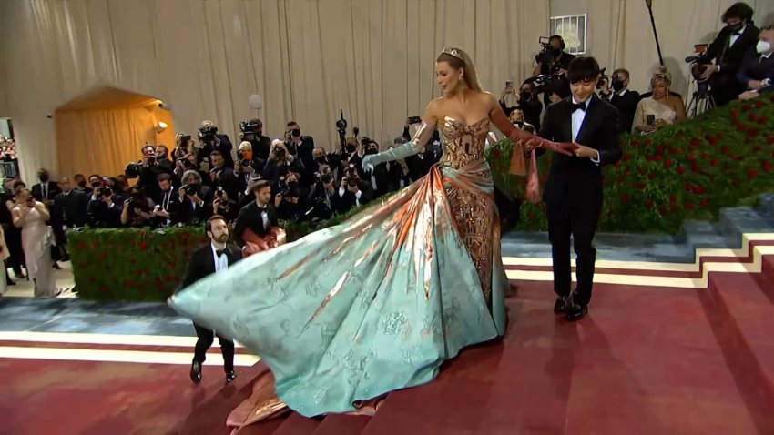 A model wearing a ballgown at the Met Gala.