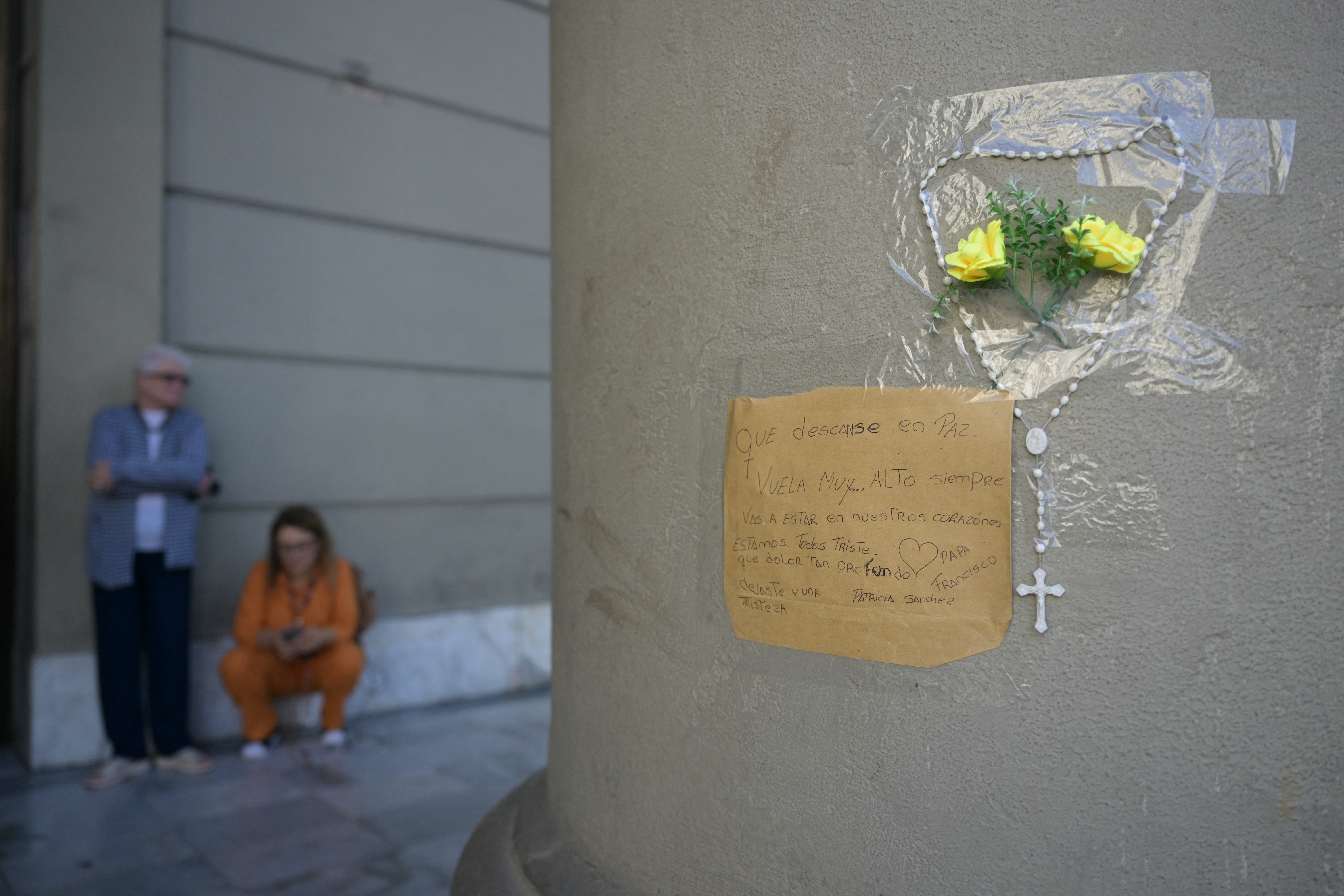 A farewell note in memory of Pope Francis is seen taped outside the Buenos Aires Cathedral on April 21, 2025, following the death of Pope Francis in the Vatican.
