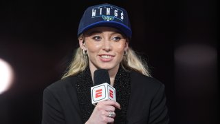Apr 14, 2025; New York, New York, USA; Paige Bueckers is interviewed by ESPN after being selected with the number one overall pick to the Dallas Wings in the 2025 WNBA Draft at The Shed at Hudson Yards. Mandatory Credit: Vincent Carchietta-Imagn Images