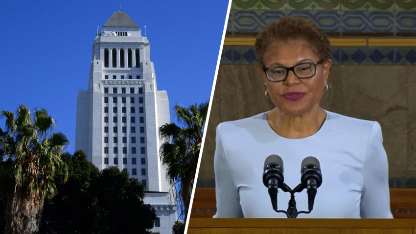 Los Angeles City Hall is pictured next to Los Angeles Mayor Karen Bass.
