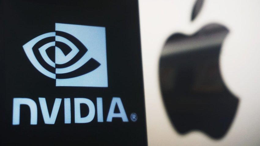 HANGZHOU, CHINA – JUNE 3, 2024 – The NVIDIA logo and the Apple logo are pictured in Hangzhou city, Zhejiang province, China, June 6, 2024. On June 5, Eastern time, Nvidia’s stock market value exceeded $3 trillion, officially surpassing Apple’s market value and becoming the world’s second largest technology giant by market value. It is worth noting that in just over 3 months, Nvidia’s market value soared from $2 trillion to $3 trillion. (Photo credit should read CFOTO/Future Publishing via Getty Images)