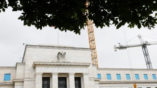 Construction work is done around the Federal Reserve building on September 17, 2024 in Washington, DC.