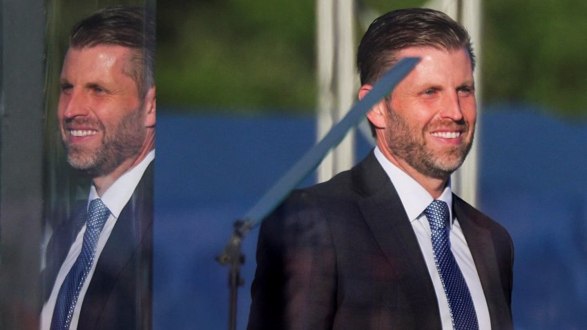 Eric Trump walks on stage at a rally by Donald Trump, on the day Donald Trump returns in Butler, Pennsylvania, after the July assassination attempt against him, on Oct. 5, 2024.