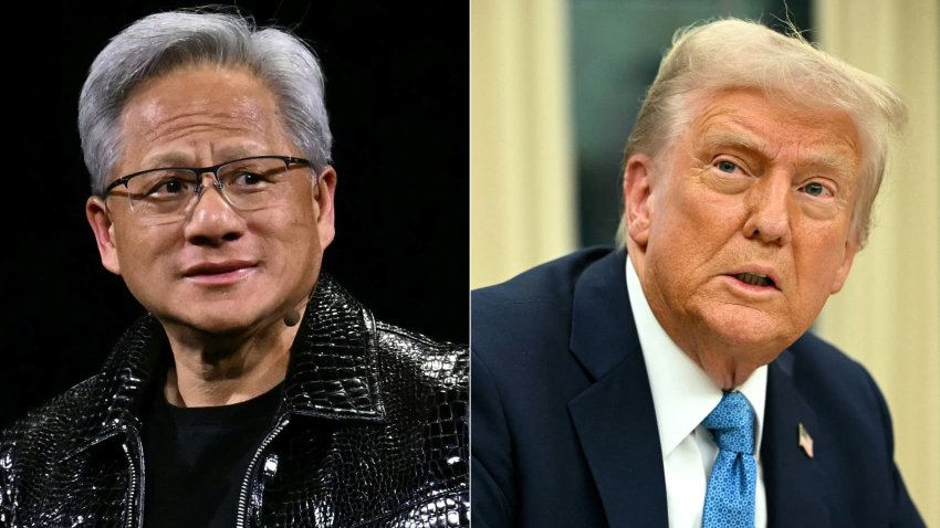 (COMBO) This combination of pictures created on January 31, 2025 shows (L) Nvidia CEO Jensen Huang in Las Vegas, Nevada on January 6, 2025, and US President Donald Trump in the Oval Office of the White House in Washington, DC on January 31, 2025. Jensen Huang, CEO of AI chip giant Nvidia, met January 31, 2025 with President Donald Trump as the company suffered a rough week on Wall Street over competition with China and the threat of tariffs on semiconductors.