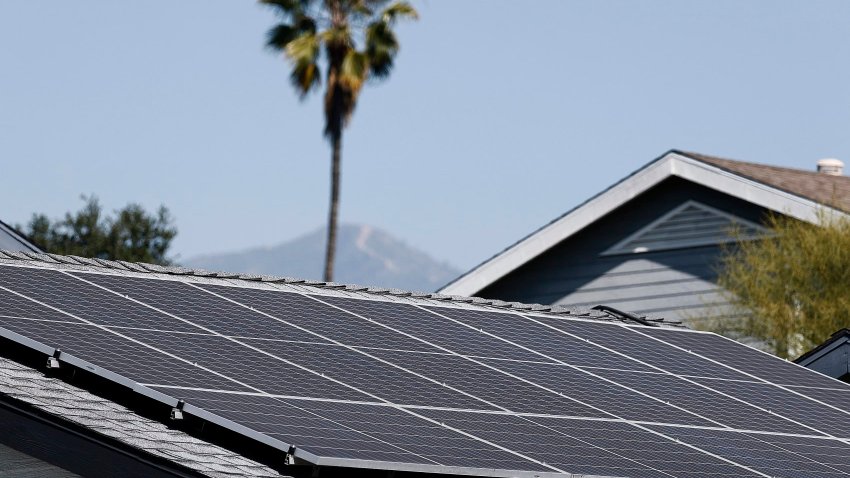 A view of solar panels atop the roof of a home on Feb. 25, 2025 in Pasadena, California.
