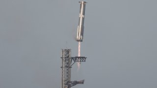 The Super Heavy booster returns to its launch pad after the SpaceX Starship continued to space after it was launched on its eighth test at the company’s Boca Chica launch pad in Brownsville, Texas, U.S., March 6, 2025. 