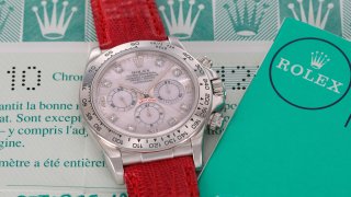 A rare 1999 platinum Rolex Daytona featuring a mother-of-pearl dial with diamond hour markers — one of only four known to exist.