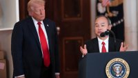 SoftBank CEO Masayoshi Son delivers remarks next to U.S. President Donald Trump at an ‘Investing in America’ event in Washington, D.C., U.S., April 30, 2025.
