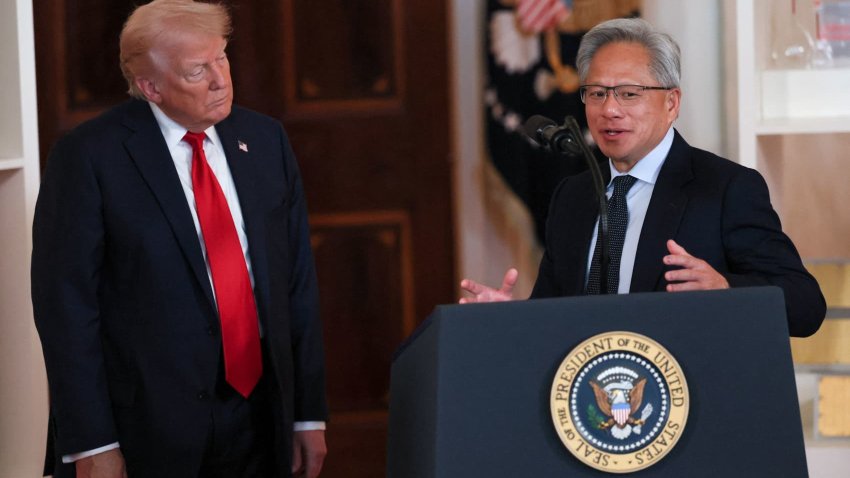 Nvidia CEO Jensen Huang delivers remarks next to U.S. President Donald Trump at an ‘Investing in America’ event in Washington, D.C., on April 30, 2025.