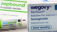 A combination image shows an injection pen of Zepbound, Eli Lilly’s weight loss drug, and boxes of Wegovy, made by Novo Nordisk.