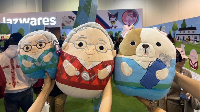 Squishmallows in the images of Warren Buffett,  Charlie Munger and Omaha at the Berkshire Hathaway Annual Shareholders Meeting in Omaha, Nebraska on May 2, 2025.