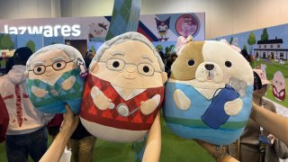 Squishmallows in the images of Warren Buffett, Charlie Munger and Omaha at the Berkshire Hathaway Annual Shareholders Meeting in Omaha, Nebraska on May 2, 2025.