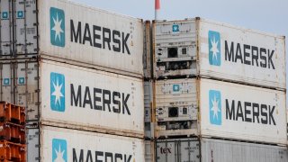 Refrigerated containers of Maersk shipping lines are stacked at the container terminal of Bremerhaven port on April 22, 2025 in Bremerhaven, Germany.